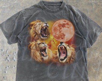 Three Lions Vintage Graphic T-shirts, Retro Lion Moon Tshirt, Lion Lovers, Funny Graphic Tee, Oversized Washed Tee, Weirdcore Silly Tee