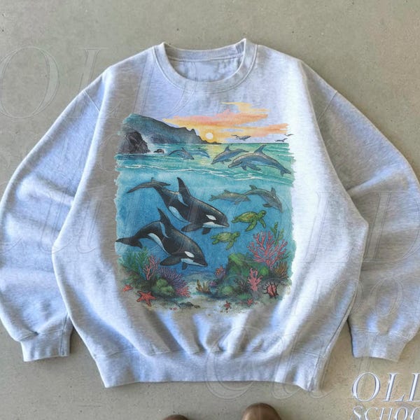 Orcas Sunset Sea Scene Vintage 90s Sweatshirt, Retro Ocean Dolpin Sweater, Cute Sea Turtle Sweater, Ocean Gifts, Cozy Warm Unisex Sweater