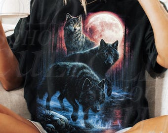 Vintage Wolf 90er Jahre Grafik-Shirt, Retro Comfort Colors® Wolf Mystical Moon T-Shirt, Wild Free, Loyal Wolf Retro Top, Black Wolf Washed Oversize T-Shirt