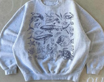 Sudadera vintage de animales marinos de los 90, suéter retro con motivos marinos, suéter con lindas criaturas marinas, regalos con temática marina, sudadera unisex cálida y acogedora, para amantes del océano.