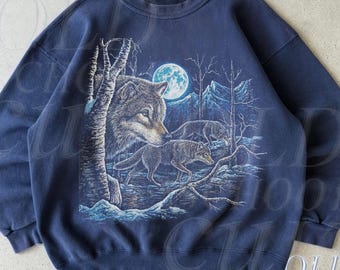 Wolf vintage jaren 90 stijl sweater, retro wolven trui, schattige wolven maan trui, natuur hoodie geschenken, gezellige warme unisex sweater, wolf maan