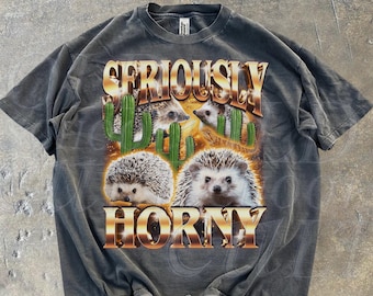 May include: Dark grey t-shirt with a distressed look. The front features a graphic with the words "SERIOUSLY HORNY" in gold lettering, along with images of hedgehogs and cacti. The shirt is a casual wear item.