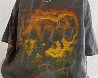 Grafisch T-shirt dinosaurus T-Rex, Jurassic Prehistoric T-shirt, Comfort Colors® Pepper-shirt, Dino-top vintage zonsondergang, cadeau retro paleontologie