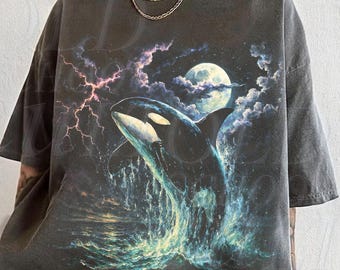 Camiseta gráfica vintage Orca Midnight de los 90, camiseta retro de orca, camiseta con relámpagos y fauna marina de los 90