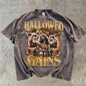 Hallowed Be Thy Gains Vintage 90s T-Shirt, Retro Graphic Pump Cover Shirt, Funny Jesus Shirt, Gym Meme Shirt,Oversized Bootleg Tee,Christian