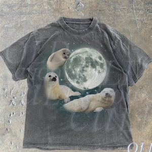 赤ちゃんアザラシのビンテージグラフィックTシャツ3枚、レトロなシードッグムーンTシャツ、アザラシ愛好家、かわいいシードッグTシャツ、ゆったりとしたウォッシュ加工の大人用Tシャツ、楽しいギフト