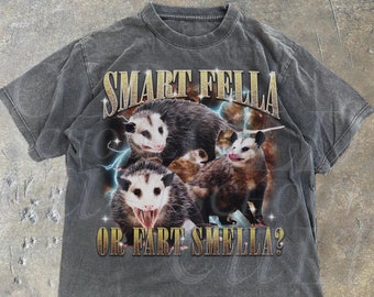 Camiseta estilo anos 90 "Smart Fella Or Fart Smella", camiseta retrô com estampa de gambá, camiseta estranha, camiseta com meme, camiseta com estampa de gambá maluco, camisetas com piadas para festa.
