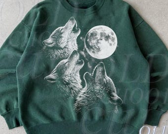 Three Wolves Moon vintage sweater in jaren 90-stijl, retro wolf ronde hals | Uniseks Wildlife-trui, klassieke Wolf-trui met grafische print
