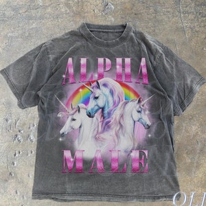 Alpha Male Einhorn Ironisches Vintage 90er Jahre T-Shirt, Retro lustiges Regenbogen Unisex Tshirt, lustiges seltsames Meme Shirt, lustiges grafisches T-Shirt, beleidigendes T-Shirt
