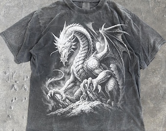 Camiseta gráfica vintage de dragón de los 90, camiseta retro de criatura fantástica medieval, camiseta de gamer grunge