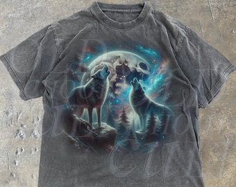 2匹のオオカミの遠吠えヴィンテージグラフィックTシャツ、ヴィンテージウルフミスティカルムーンTシャツ、ウルフラバーズ、ウルフネイチャーTシャツ、オーバーサイズアルファウォッシュTシャツ
