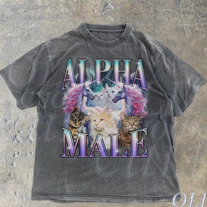 Alpha Male Unicorn Cat Ironic Vintage 90s T-Shirt, Retro Funny Rainbow Unisex Tshirt,, Funny Weird Meme Shirt, Funny Cat Tee, Offensive Tees