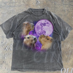 Three Capybaras Vintage Graphic T-shirts, Retro Capybara Moon Tshirt, Capybara Lovers, Funny Graphic Tee, Oversized Washed Tee,Weirdcore Tee
