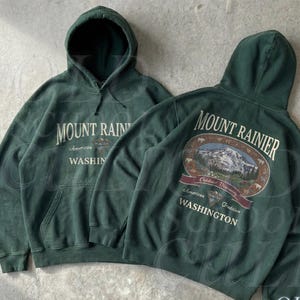 マウントレーニア（ワシントン州）パーカー、ヴィンテージ90年代国立公園ハイキンググラフィックスウェットシャツ Forest Green