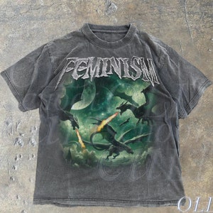 Feminism Three Dragon Fantasy Vintage Graphic Shirt, Retro Dragon Galaxy Shirt, Gothic Shirt, Funny Shirts, Dark Art Grunge Castle Dragon