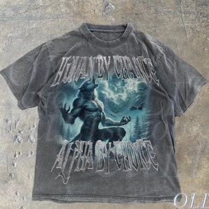 Human By Chance Alpha By Choice Wolf Shirt, Vintage 90s Style Wolf shirt, Wolf Emo Meme Shirts, Mental Health Shirt, Wolf Sigma, Goth Gift