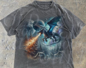 Vintage Dragon Wolf Fantasy Graphic T-shirts, Retro Dragon Wolf Nature Tshirt, Dark Art Shirts, Alpha Male Graphic 90s Washed Tee