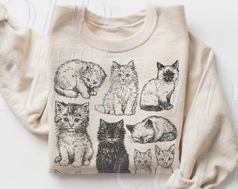Vintage Cat Sweatshirt, Retro Kitten Graphic Pullover, Cozy Cottagecore Cat Lover Gift, 90s Style Oversized Crewneck, Cute Cat Mom Sweater