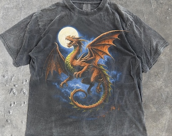 Vintage Dragon 90s Graphic T-shirt, Retro Medieval Castle Moon