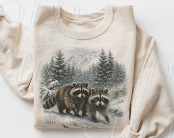 Retro Raccoon 90s Sweatshirt , Nature Vintage Wildlife Forest Crewneck, Boho Unisex Cabincore Crewneck Cozy Season Rustic Winter Top