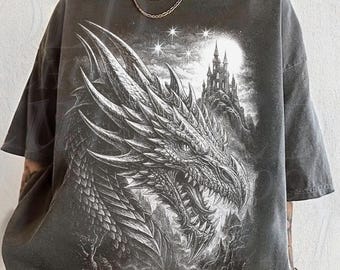 Camiseta gráfica vintage de los 90 con diseño de castillo de dragón, camiseta retro de criatura fantástica medieval, camiseta estilo gamer grunge