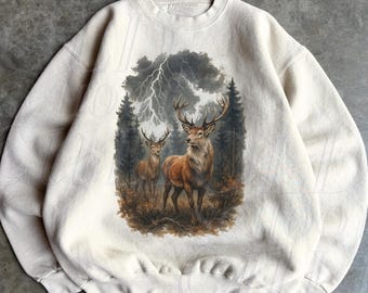 Felpa retrò con cervo, girocollo vintage anni '90 con cacciatore di animali selvatici, pullover con motivo Storm Forest Nature