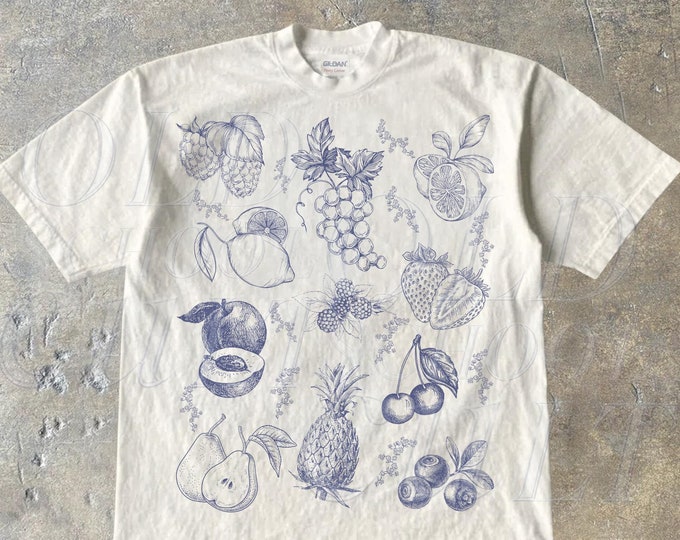 Fruits And Berries Retro 90s Tattoo Tshirt, Vintage Fruit Lovers Cute Shirt, Nature Food Shirt, Pinapple Berry Unisex Y2k Relaxed Lemon Top