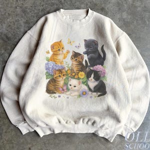 Retro kittensweater, jaren 90 vintage schattige kattentrui, boho-unisex bloemenkat vlinder grafische ronde hals, retro dierentop