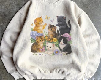 Retro Kitten Sweatshirt , 90s Vintage Cute Cats Pullover, Boho Unisex Floral Cat Butterfly Graphic Crewneck, Retro Animal Top
