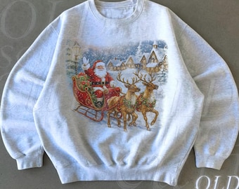 Retro kersttrui, vintage jaren 90 kerst ronde hals, rustieke vakantietrui, gezellig wintershirt, kersttrui kerstman, kerstcadeaus