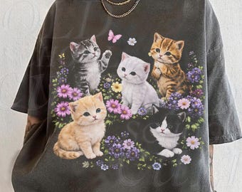 Camiseta con estampado de gatito, camiseta vintage para amantes de los gatos, camisetas lavadas Comfort Colors®, top retro floral de gatito, regalo con estética cottagecore