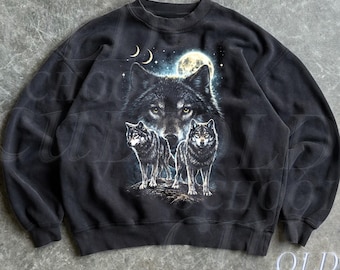 Sudadera retro Wolf Spirit, cuello redondo vintage de los 90 con diseño de lobos y luna, suéter unisex con estampado de vida silvestre.