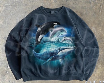 Sudadera vintage de ballena, orca y delfín de los años 90, suéter retro de naturaleza marina y océano, suéter para amantes de los delfines, sudadera unisex con capucha de animales marinos de los años 90.