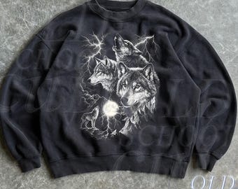 Retro Wolf Lightning Sweatshirt, Vintage 90s Wolves Storm Moon Crewneck, Wildlife Sweater, Unisex Nature Pullover