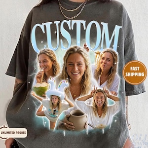 May include: Dark gray t-shirt with the word "CUSTOM" in a light blue, stylized font. The shirt features a collage of photos of a person, with a coconut, pasta, and a unicorn floatie. The shirt has the text "UNLIMITED PROOFS" and "OLD SCHOOL CULT".