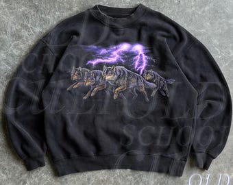 Retro Wolf Lightning Sweatshirt, Vintage 90s Wildlife Crewneck, Storm Graphic Pullover, Nature Animal Unisex Adult Pullover