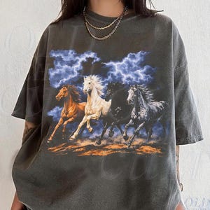 Running Horses Vintage 90s Graphic T-Shirt, Retro Lightning Storm Horse Shirt, Western Cowboy Tee