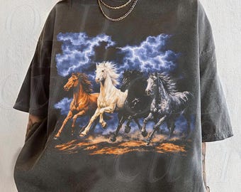 Running Horses Vintage 90s Graphic T-shirt, Retro Lightning Storm