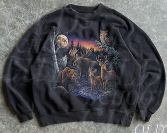 Sudadera retro con animales del bosque, suéter vintage de los 90 con estampado de fauna silvestre, cuello redondo con lobo, alce, ciervo, búho y luna, estilo cabaña natural, unisex.