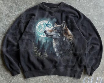 Wolf Retro Sweatshirt, Vintage 90s Wolves Moon Crewneck, Nature Wildlife Sweater, Unisex Pullover