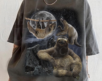 Three Sloths Vintage 90s Graphic T-shirts, Retro Sloth Nature Moon Tshirt, Funny Sloth Lovers Gift, Relaxed Washed Tee, Party Shirts