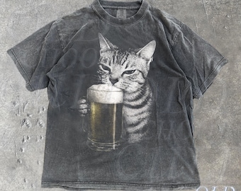 Camiseta vintage de los 90 con cerveza de gato Y2K, camiseta Comfort Colors® con memes divertidos de gatos, camiseta divertida de gatito borracho