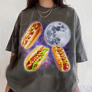 Camisetas gráficas vintage de los 90 con la frase "Hot Dog Moon", camiseta retro de "Food Moon", regalo con humor gastronómico.