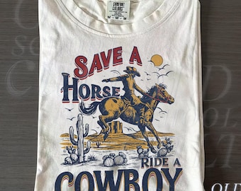 Camiseta Save a Horse Ride a Cowboy, camiseta vintage de los 90 con estampado western, camiseta retro de vaquero rodeo / Comfort Colors® color marfil unisex para adultos.