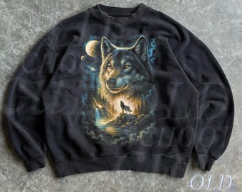 Wolf vintage jaren 90 stijl sweater, retro wolven trui, schattige wolf maan trui, natuur hoodie geschenken, gezellige warme unisex oversized trui
