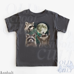 Raccoon Kids T-Shirt, Cute Raccoon Moon Graphic Tee, Woodland Animal Youth Shirt, Toddler Forest Animal Top, Night Kids Gift Asphalt