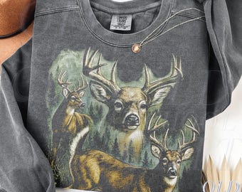 Sudadera con cuello redondo y estampado de ciervos y fauna silvestre / Estilo rústico de caza / Colores cómodos / Suéter vintage para amantes de la naturaleza y el aire libre