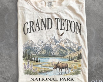 Grand Teton National Park Vintage 90s Graphic T-Shirt, Retro Comfort Colors® Wyoming Mountain Lake USA Nostalgia Moose Unisex Tee