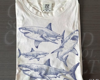 Shark 90s Vintage Tattoo Style Graphic Tshirt, Retro Comfort Colors® Y2k White Shark Ocean Unisex Shirt
