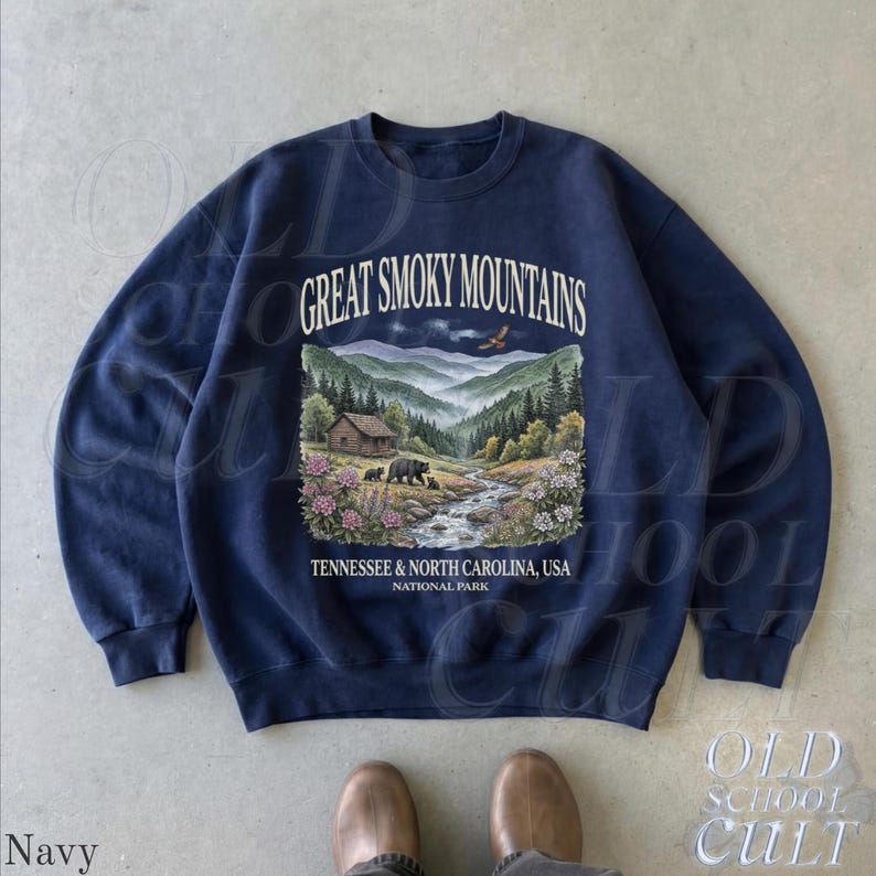Great Smoky Mountains Sweatshirt, National Park Crewneck, Tennessee North Carolina Pullover, Vintage Nature Graphic Sweater Navy
